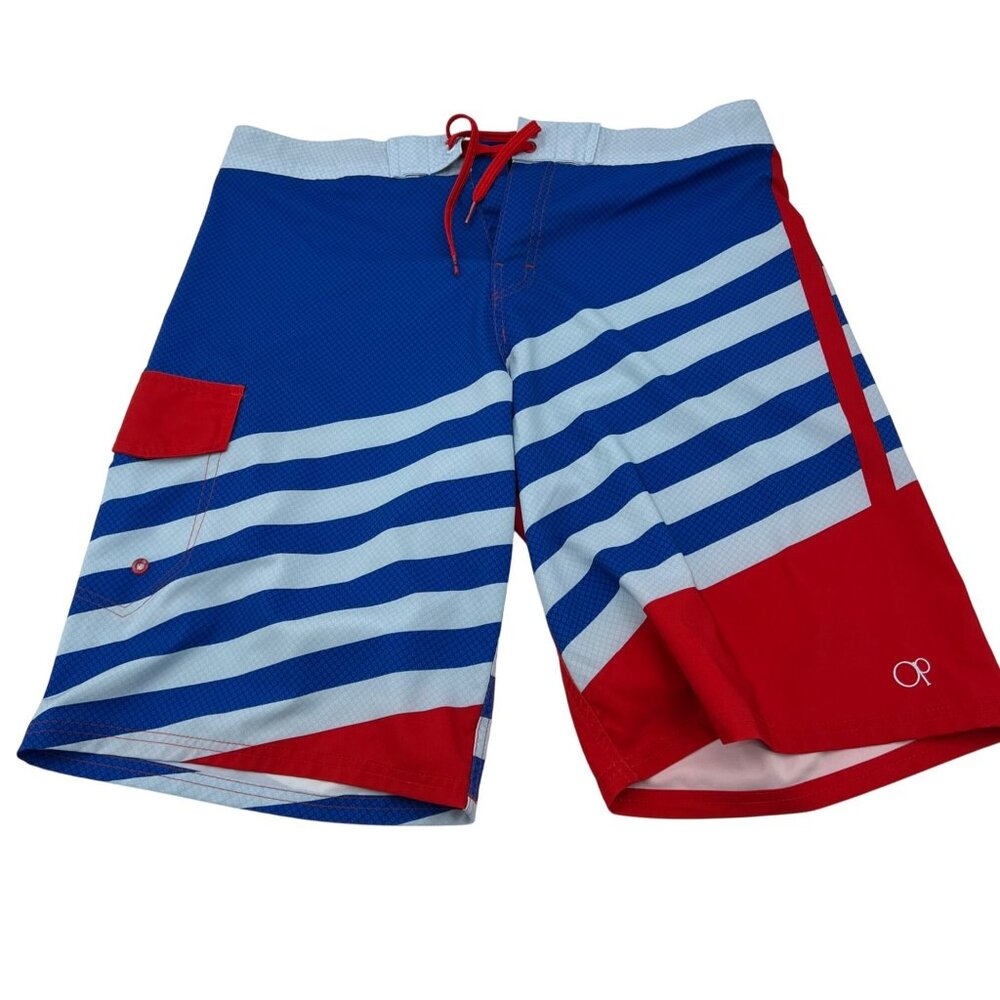 Op Mens Opflex 4-Way Stretch Board Shorts Red & Blue Striped With Pocket Size 34